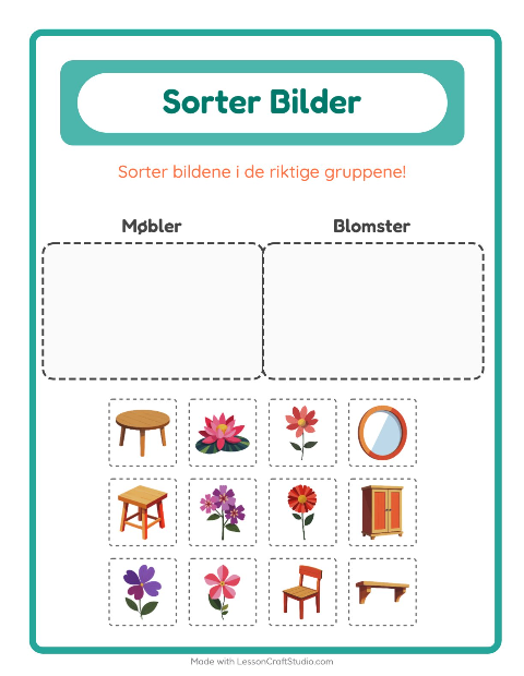 Forhåndsvisning av Sorter Bilder-arbeidsark for Barnehage (5-7 år)
