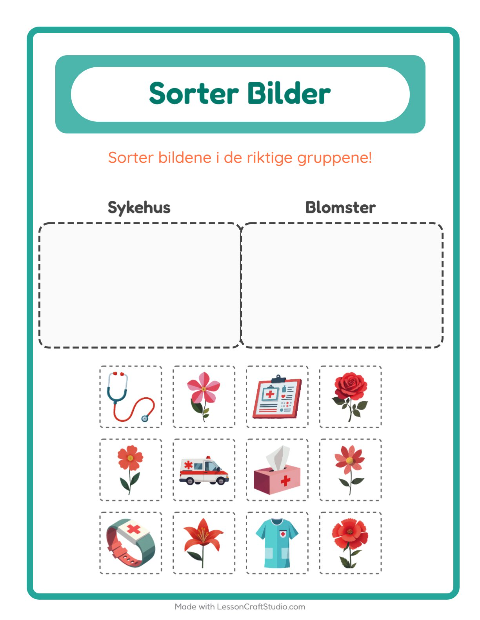 Forhåndsvisning av Sorter Bilder-arbeidsark for Barnehage (5-7 år)