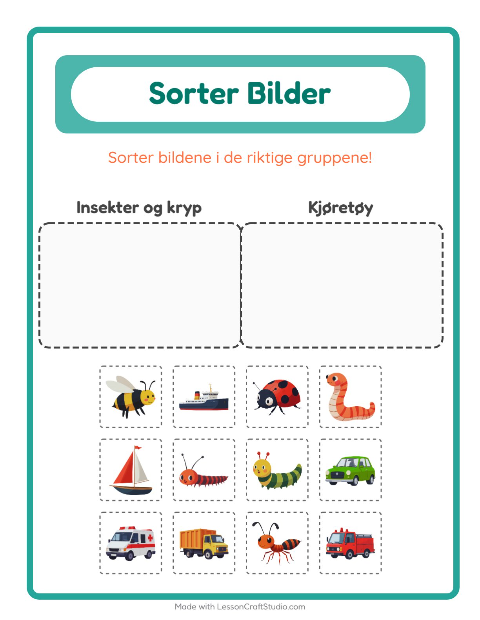 Forhåndsvisning av Sorter Bilder-arbeidsark for Barnehage (5-7 år)