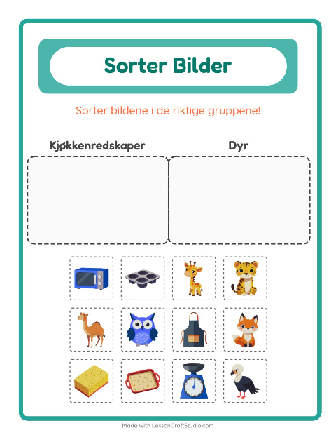Forhåndsvisning av Sorter Bilder-arbeidsark for Barnehage (5-7 år)
