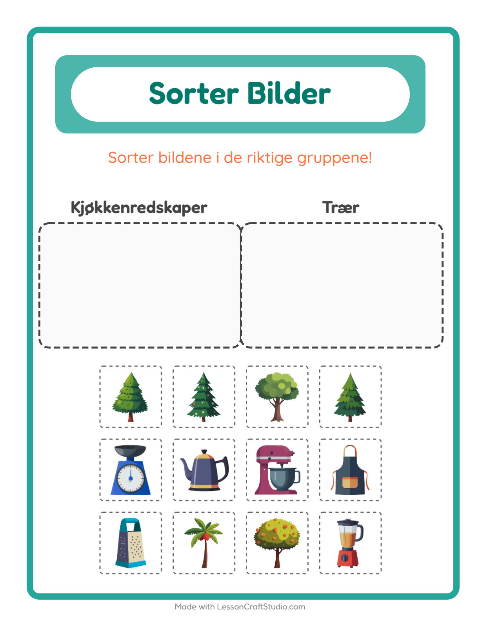 Forhåndsvisning av Sorter Bilder-arbeidsark for Barnehage (5-7 år)