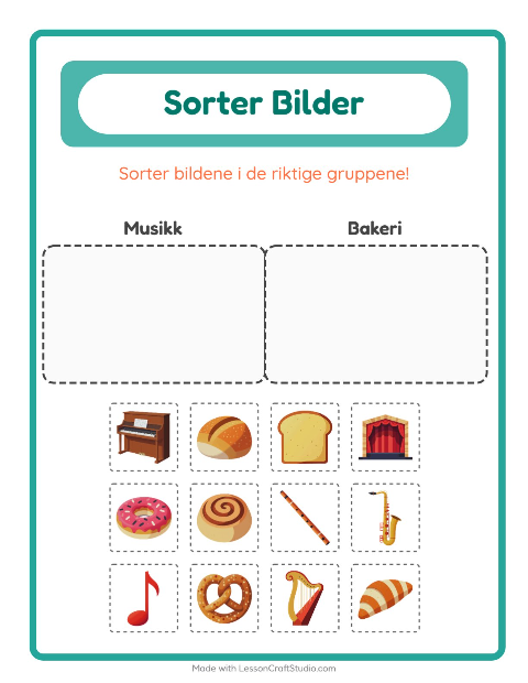 Forhåndsvisning av Sorter Bilder-arbeidsark for Barnehage (5-7 år)