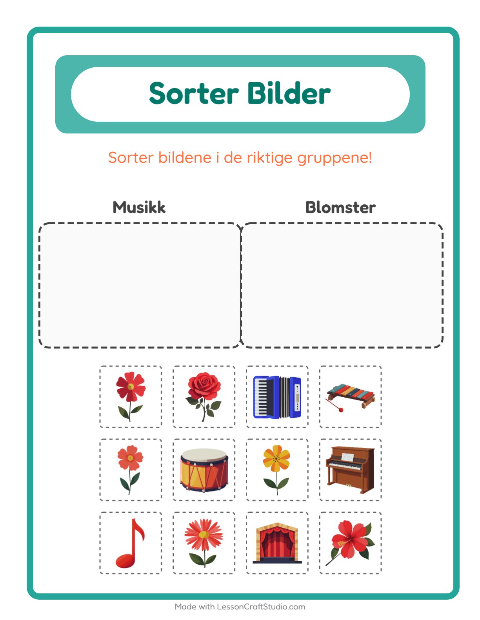 Forhåndsvisning av Sorter Bilder-arbeidsark for Barnehage (5-7 år)