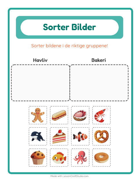 Forhåndsvisning av Sorter Bilder-arbeidsark for Barnehage (5-7 år)