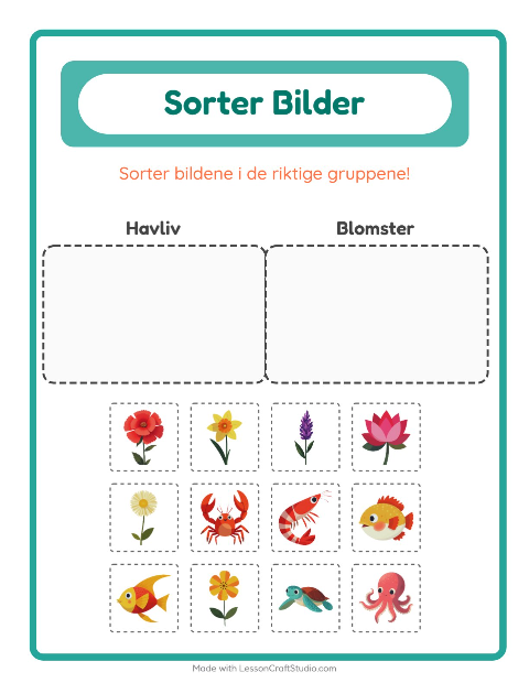Forhåndsvisning av Sorter Bilder-arbeidsark for Barnehage (5-7 år)