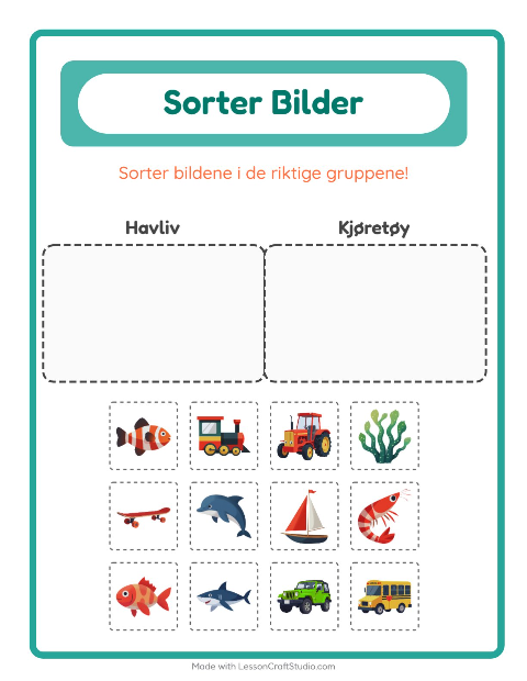 Forhåndsvisning av Sorter Bilder-arbeidsark for Barnehage (5-7 år)