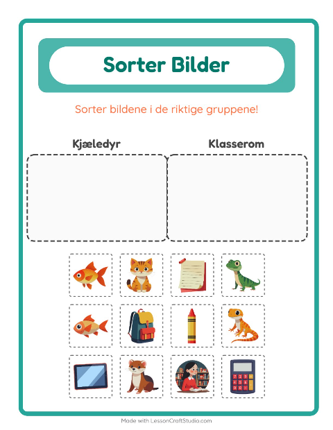 Forhåndsvisning av Sorter Bilder-arbeidsark for Barnehage (5-7 år)