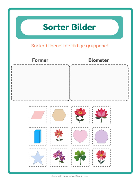 Forhåndsvisning av Sorter Bilder-arbeidsark for Barnehage (5-7 år)