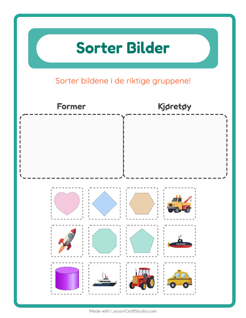 Forhåndsvisning av Sorter Bilder-arbeidsark for Barnehage (5-7 år)
