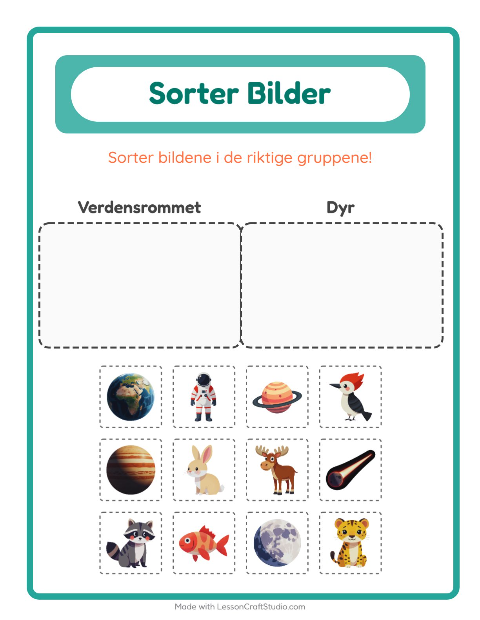 Forhåndsvisning av Sorter Bilder-arbeidsark for Barnehage (5-7 år)