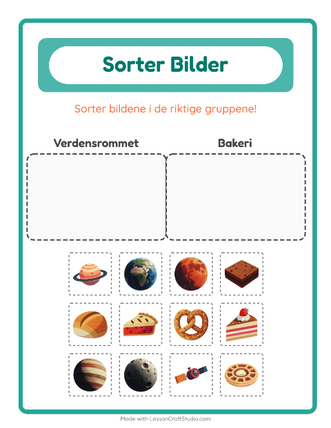 Forhåndsvisning av Sorter Bilder-arbeidsark for Barnehage (5-7 år)