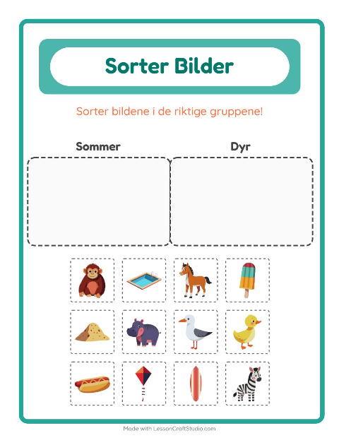 Forhåndsvisning av Sorter Bilder-arbeidsark for Barnehage (5-7 år)