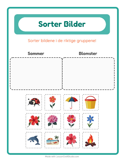 Forhåndsvisning av Sorter Bilder-arbeidsark for Barnehage (5-7 år)
