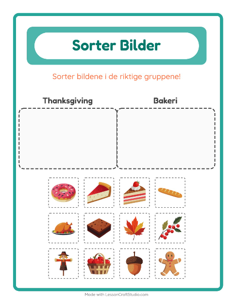 Forhåndsvisning av Sorter Bilder-arbeidsark for Barnehage (5-7 år)
