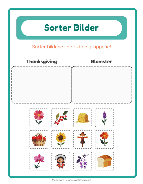 Forhåndsvisning av Sorter Bilder-arbeidsark for Barnehage (5-7 år)