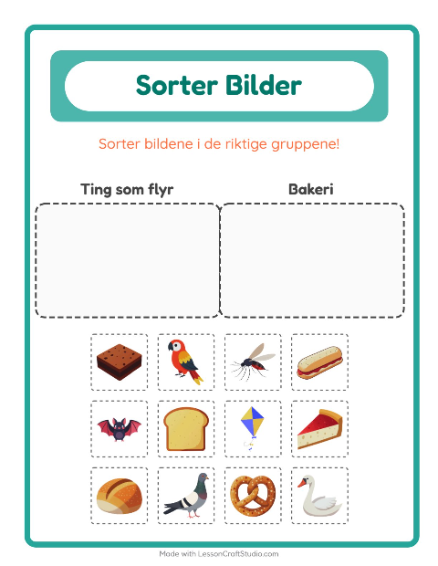 Forhåndsvisning av Sorter Bilder-arbeidsark for Barnehage (5-7 år)