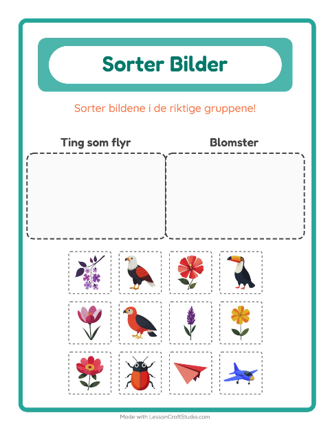 Forhåndsvisning av Sorter Bilder-arbeidsark for Barnehage (5-7 år)