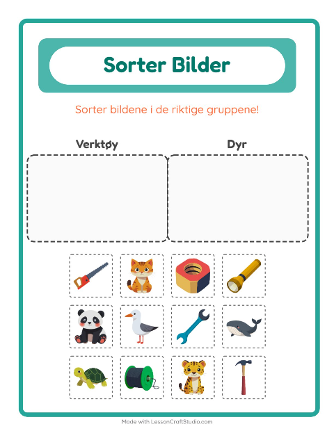 Forhåndsvisning av Sorter Bilder-arbeidsark for Barnehage (5-7 år)