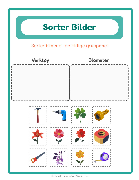 Forhåndsvisning av Sorter Bilder-arbeidsark for Barnehage (5-7 år)