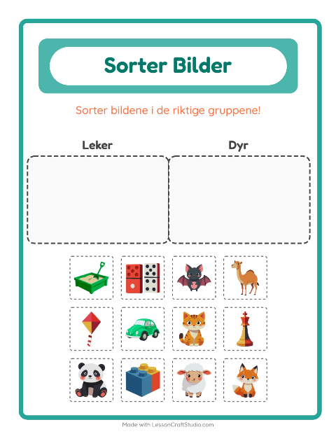 Forhåndsvisning av Sorter Bilder-arbeidsark for Barnehage (5-7 år)