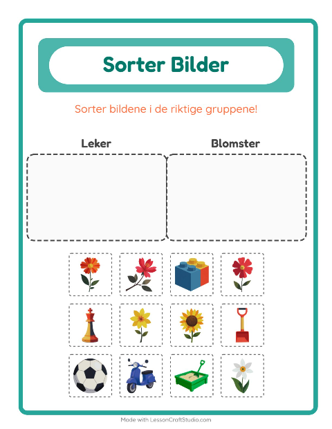 Forhåndsvisning av Sorter Bilder-arbeidsark for Barnehage (5-7 år)