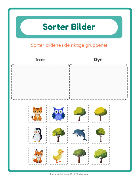 Forhåndsvisning av Sorter Bilder-arbeidsark for Barnehage (5-7 år)