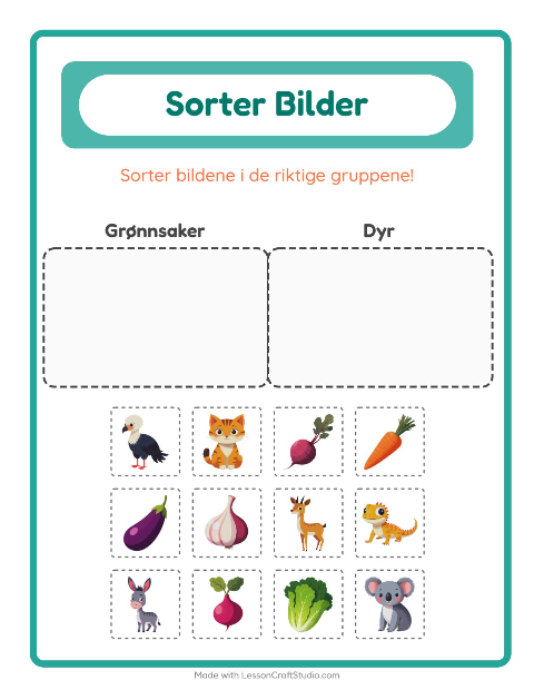 Forhåndsvisning av Sorter Bilder-arbeidsark for Barnehage (5-7 år)