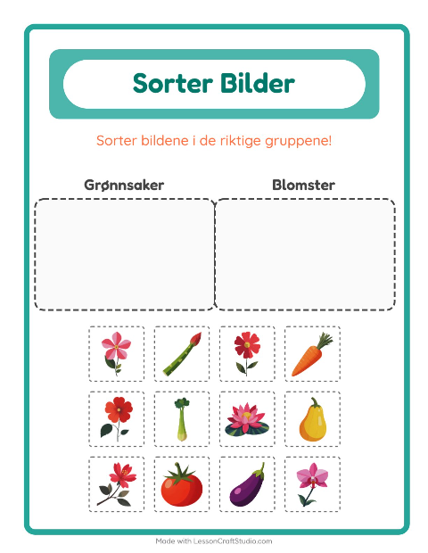 Forhåndsvisning av Sorter Bilder-arbeidsark for Barnehage (5-7 år)