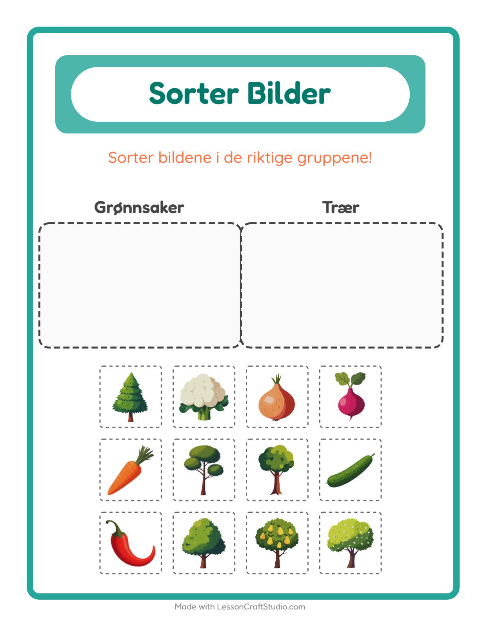 Forhåndsvisning av Sorter Bilder-arbeidsark for Barnehage (5-7 år)