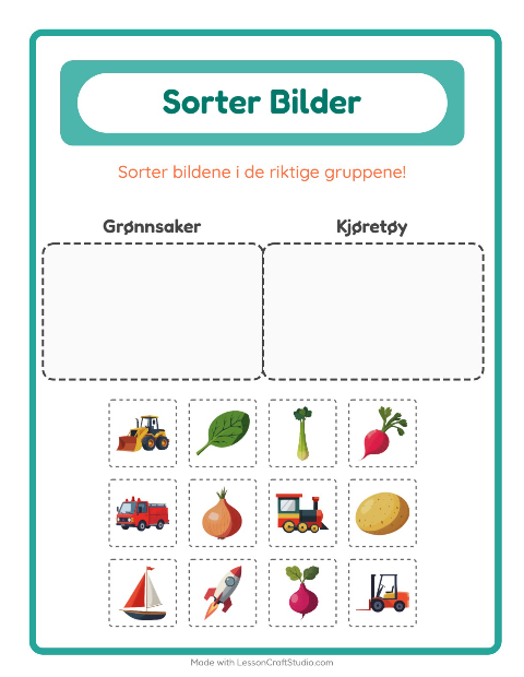 Forhåndsvisning av Sorter Bilder-arbeidsark for Barnehage (5-7 år)