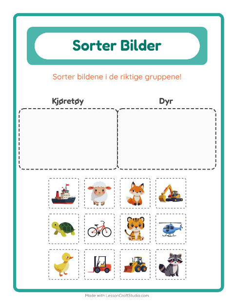 Forhåndsvisning av Sorter Bilder-arbeidsark for Barnehage (5-7 år)