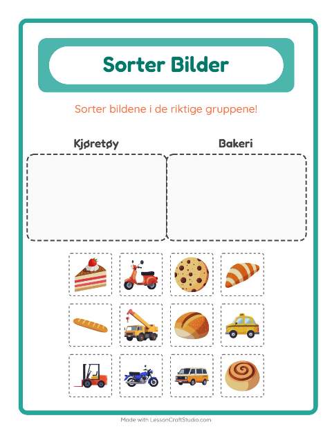 Forhåndsvisning av Sorter Bilder-arbeidsark for Barnehage (5-7 år)