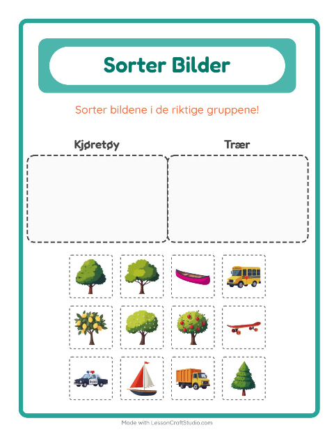 Forhåndsvisning av Sorter Bilder-arbeidsark for Barnehage (5-7 år)