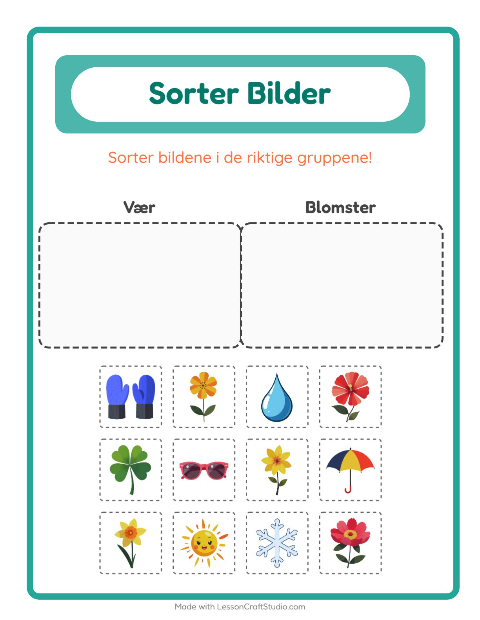 Forhåndsvisning av Sorter Bilder-arbeidsark for Barnehage (5-7 år)