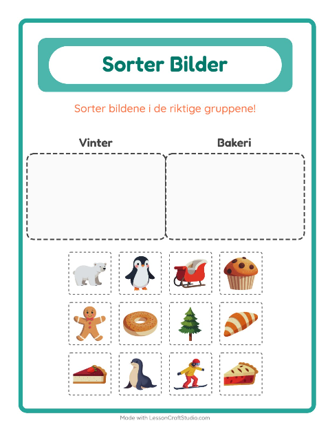 Forhåndsvisning av Sorter Bilder-arbeidsark for Barnehage (5-7 år)