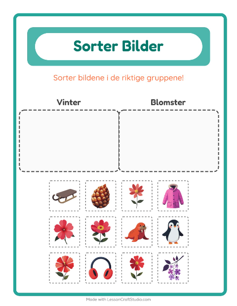 Forhåndsvisning av Sorter Bilder-arbeidsark for Barnehage (5-7 år)