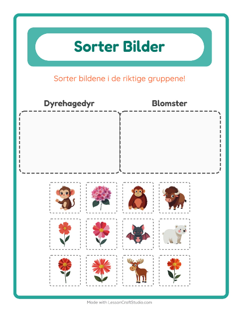 Forhåndsvisning av Sorter Bilder-arbeidsark for Barnehage (5-7 år)