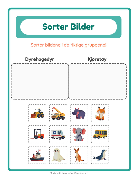 Forhåndsvisning av Sorter Bilder-arbeidsark for Barnehage (5-7 år)