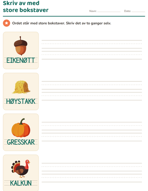 Forhåndsvisning av Spor ord-arbeidsark med Thanksgiving for Barnehage (5-7 år)