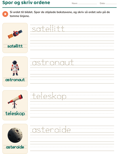 Forhåndsvisning av Spor ord-arbeidsark med Verdensrommet for Barnehage (5-7 år)
