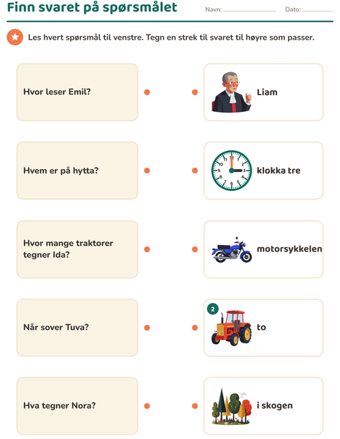 Forhåndsvisning av Spørreord-arbeidsark for 1. trinn