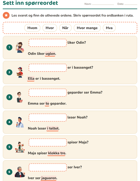 Forhåndsvisning av Sett inn spørreordet i spørsmålet