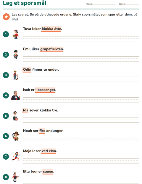 Forhåndsvisning av Spørreord-arbeidsark for 2. trinn