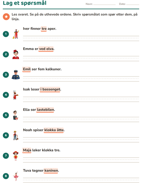 Forhåndsvisning av Spørreord-arbeidsark for 2. trinn
