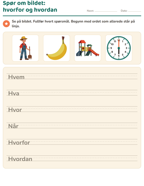 Forhåndsvisning av Spørreord-arbeidsark for 2. trinn