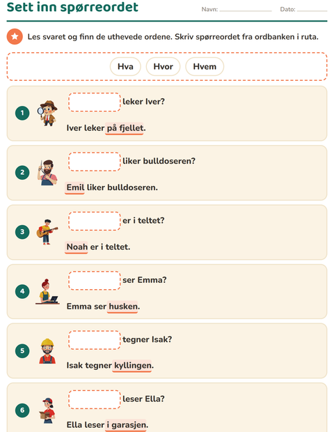 Forhåndsvisning av Spørreord-arbeidsark for 1. trinn
