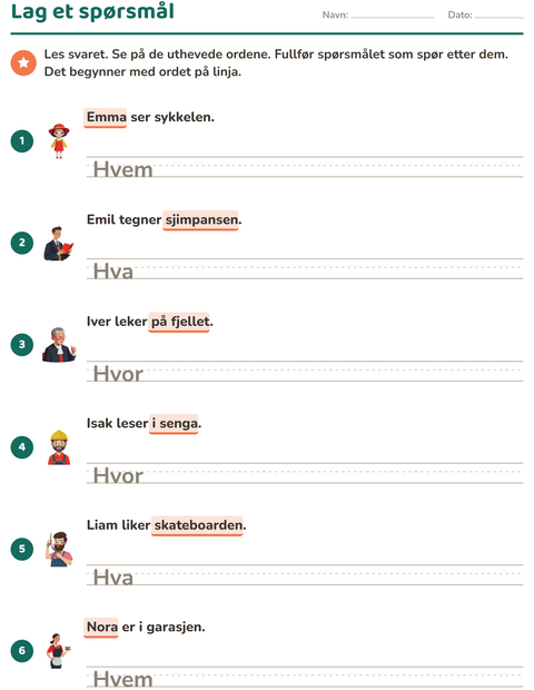 Forhåndsvisning av Spørreord-arbeidsark for 2. trinn