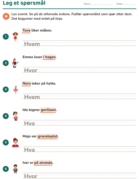 Forhåndsvisning av Spørreord-arbeidsark for 2. trinn
