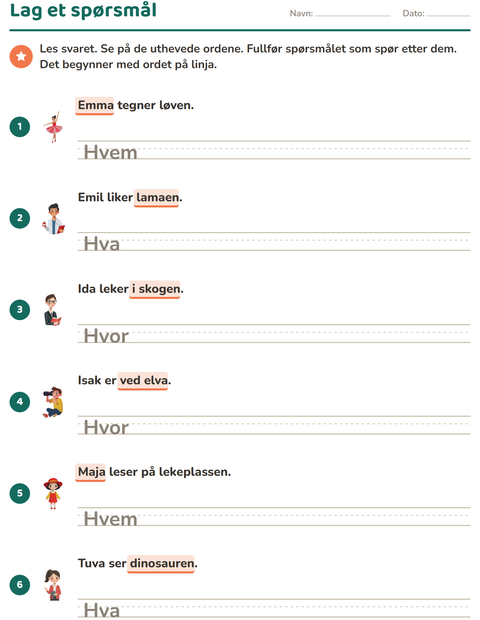 Forhåndsvisning av Spørreord-arbeidsark for 2. trinn
