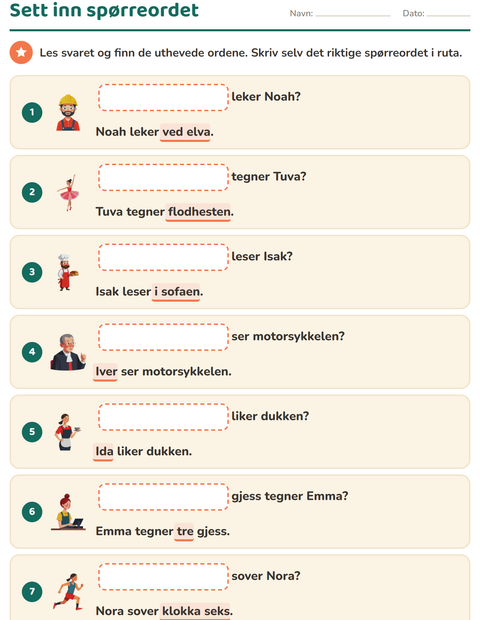 Forhåndsvisning av Spørreord-arbeidsark for 1. trinn